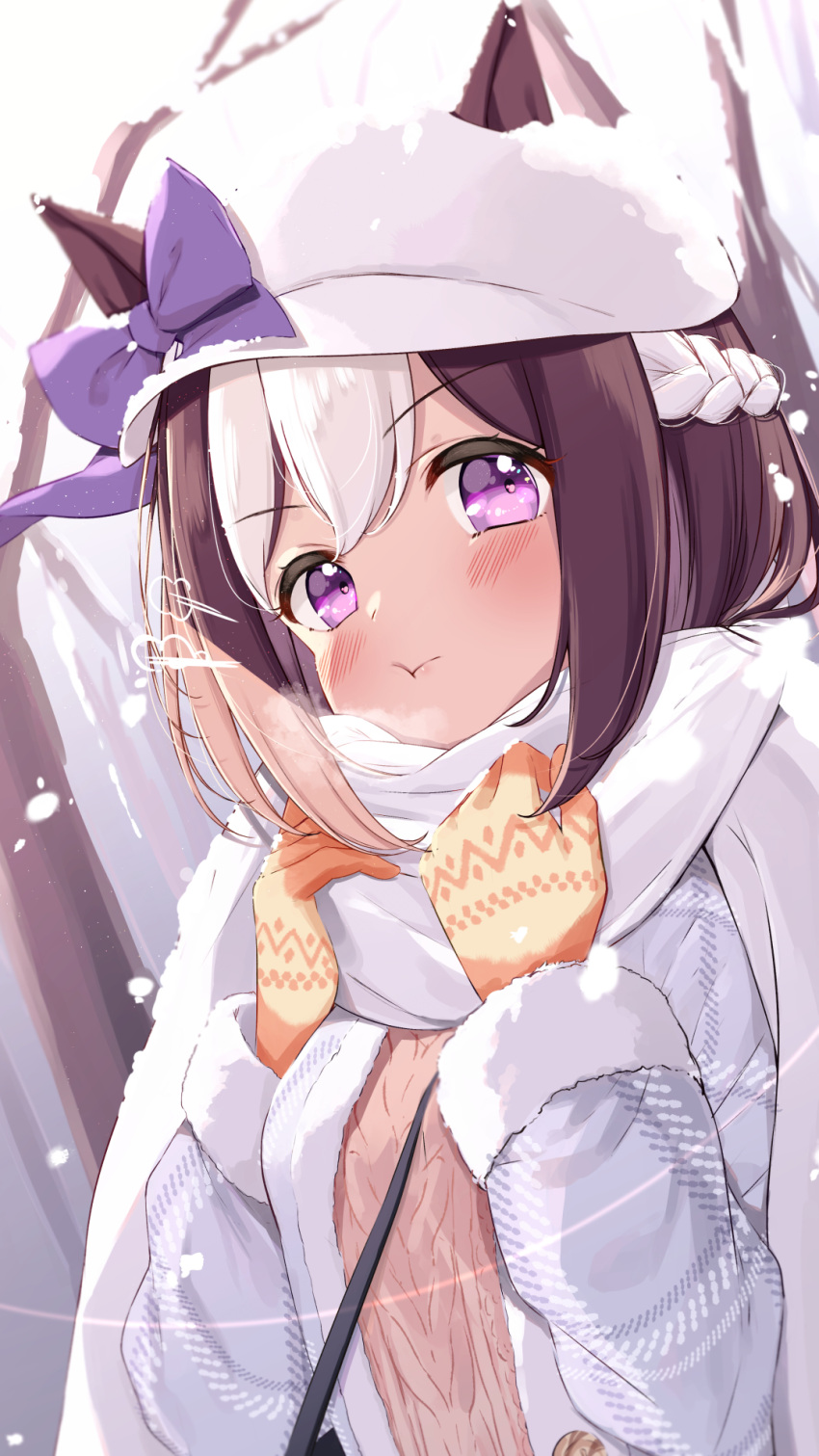 1girl :t animal_ears bangs blush bow brown_hair brown_sweater closed_mouth coat commentary_request ears_through_headwear eyebrows_visible_through_hair fur-trimmed_sleeves fur_trim gloves grey_coat hat hat_bow highres horse_ears horse_girl looking_at_viewer multicolored_hair purple_bow saboten_mushi scarf short_hair snow solo special_week_(umamusume) streaked_hair sweater umamusume upper_body violet_eyes white_hair white_scarf yellow_gloves