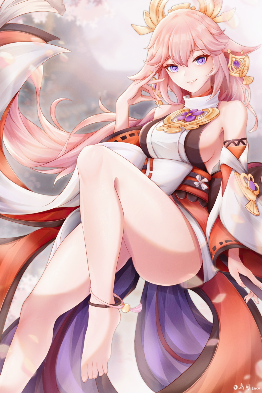 1girl animal_ears anklet arm_at_side artist_name backlighting bare_shoulders barefoot blurry blurry_background braid braided_ponytail breasts cherry_blossoms commentary_request cowboy_shot day detached_sleeves earrings fox_ears fox_shadow_puppet genshin_impact highres japanese_clothes jewelry large_breasts legs long_hair looking_at_viewer low-tied_long_hair miko outdoors parted_lips petals pink_hair priestess ribbon-trimmed_sleeves ribbon_trim sideboob signature smile solo sunlight thighs toes violet_eyes vision_(genshin_impact) white_background wide_sleeves wuke_euco yae_(genshin_impact)
