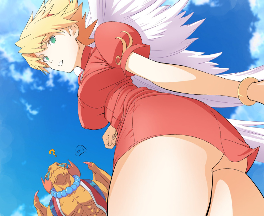 1boy 1girl ? angel_wings ass blonde_hair bracelet breasts breath_of_fire breath_of_fire_iii clouds dress feathered_wings garr green_eyes hairband highres jewelry looking_at_viewer nina_(breath_of_fire_iii) nori_(norimakigumo) puffy_sleeves short_hair white_wings wings