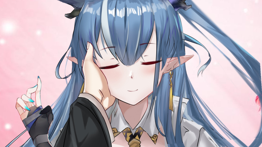 1boy 1girl arknights bangs blue_hair blue_nails bridal_gauntlets closed_eyes closed_mouth earrings eyebrows_visible_through_hair facing_viewer hair_between_eyes hand_on_another's_face hand_up horns jewelry ling_(arknights) long_hair long_sleeves long_wuxian multicolored_hair nail_polish out_of_frame pointy_ears ponytail portrait shirt solo_focus streaked_hair white_hair white_shirt wide_sleeves