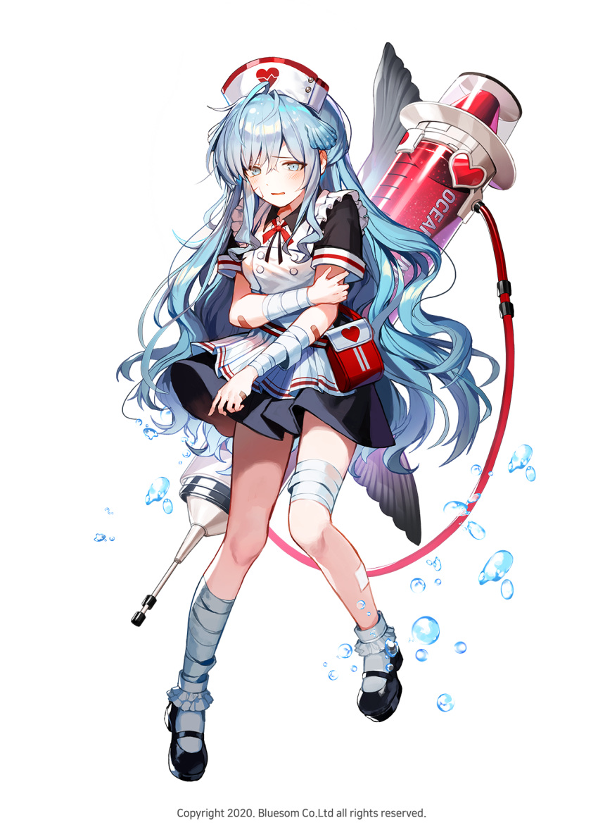 1girl 2020 aqua_eyes bandaged_arm bandaged_leg bandages bandaid bandaid_on_arm bangs belt_pouch blood blue_hair character_request company_name copyright dress frilled_dress frills full_body hand_on_own_arm hat heart highres holding_own_arm large_syringe lentain long_hair mary_janes neck_ribbon nurse nurse_cap official_art open_mouth oversized_object pouch ribbon shoes short_sleeves sidelocks simple_background solo syringe water_drop white_background wild_girls