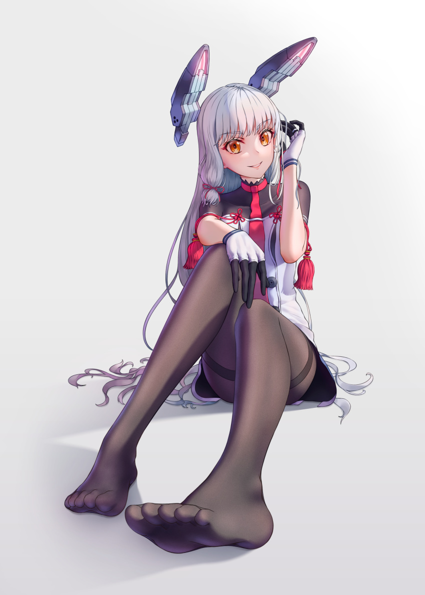 1girl absurdres black_legwear dress eyebrows_visible_through_hair feet foot_focus foreshortening full_body hair_ribbon headgear highres kantai_collection long_hair looking_at_viewer murakumo_(kancolle) murakumo_kai_ni_(kancolle) necktie no_shoes orange_eyes pantyhose rankebu red_necktie revision ribbon sailor_dress sidelocks silver_hair simple_background solo strapless strapless_dress thighband_pantyhose toes tress_ribbon very_long_hair white_background