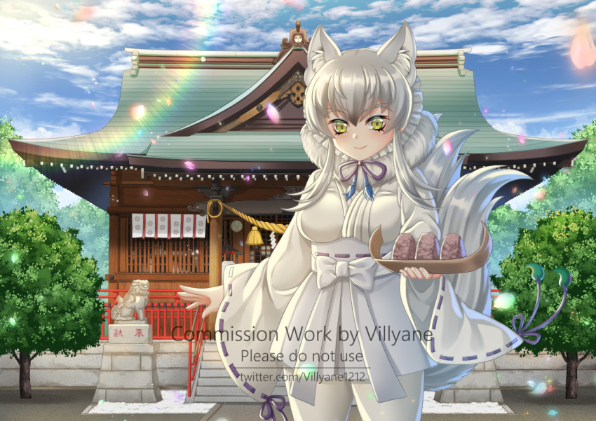 1girl animal_ear_fluff animal_ears bangs blue_sky breasts character_request closed_mouth clouds cloudy_sky commentary_request commission day eyebrows_visible_through_hair food green_eyes grey_hair hair_between_eyes hakama hakama_short_skirt hakama_skirt holding japanese_clothes kemono_friends kimono long_hair long_sleeves medium_breasts multiple_tails obi outdoors pantyhose ribbon-trimmed_sleeves ribbon_trim sash skirt sky sleeves_past_wrists smile solo statue tail tree two_tails villyane watermark web_address white_hakama white_kimono white_legwear wide_sleeves