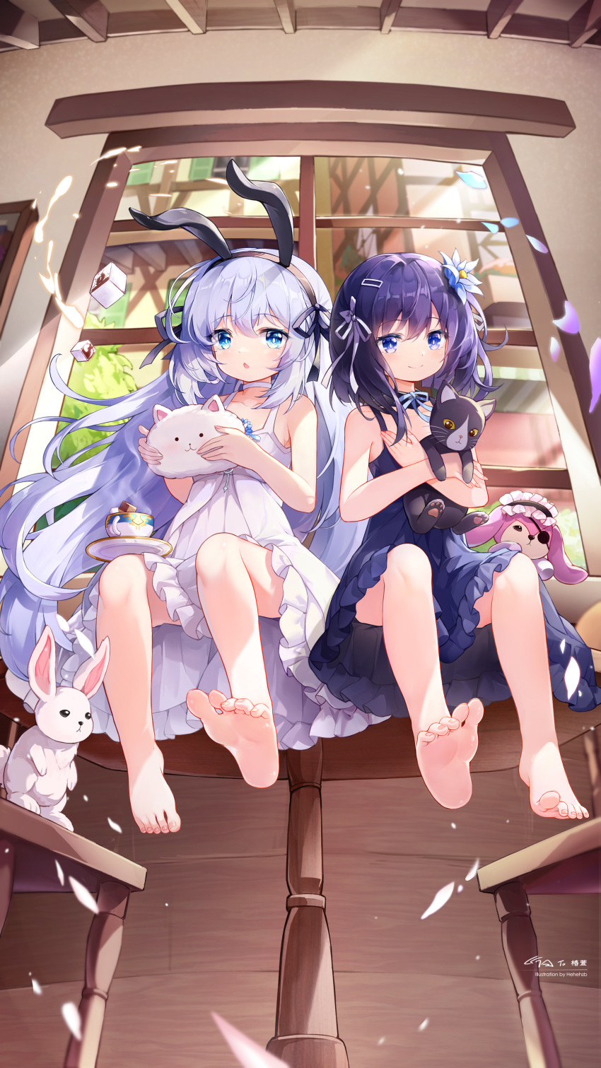 2girls absurdres animal animal_ears animal_hug bangs bare_arms bare_legs barefoot black_cat black_hairband blue_eyes blue_flower cat choker closed_mouth commentary_request dress eyebrows_visible_through_hair fake_animal_ears feet flower flower_anklet foot_focus frilled_dress frills from_below fuiba_fuyu full_body gochuumon_wa_usagi_desu_ka? hair_flower hair_ornament hair_ribbon hairband hairclip hehehzb highres holding holding_animal holding_cat indoors kafuu_chino long_hair looking_at_viewer multiple_girls parted_lips purple_dress purple_hair purple_ribbon rabbit rabbit_ears revision ribbon short_hair signature silver_hair sitting sleeveless sleeveless_dress smile soles toes very_long_hair white_choker white_dress window