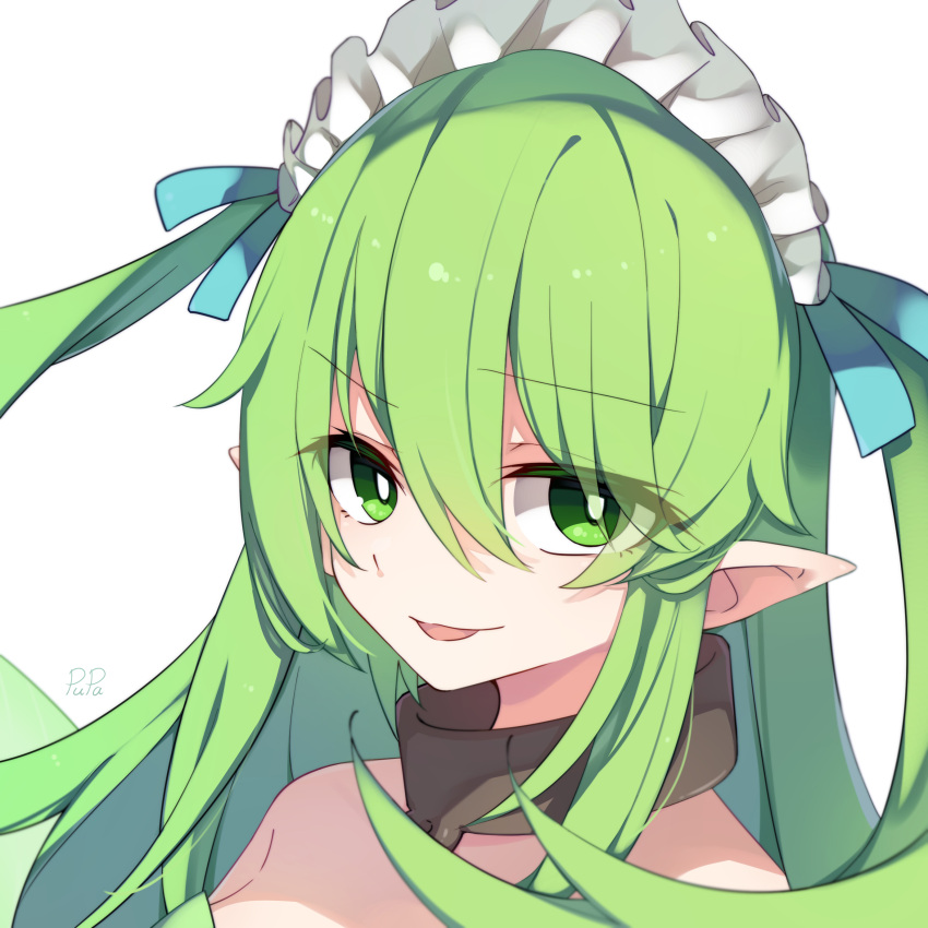 1girl absurdres artist_name bangs black_souls bright_pupils chinese_commentary eyebrows eyebrows_visible_through_hair eyelashes eyes eyes_visible_through_hair fairy fairy_wings green_eyelashes green_eyes green_wings hair_between_eyes highres leaf_(black_souls) light_green_hair long_hair maid_headdress pointy_ears portrait pupa_jiang simple_background solo twintails two_side_up white_background white_pupils wings