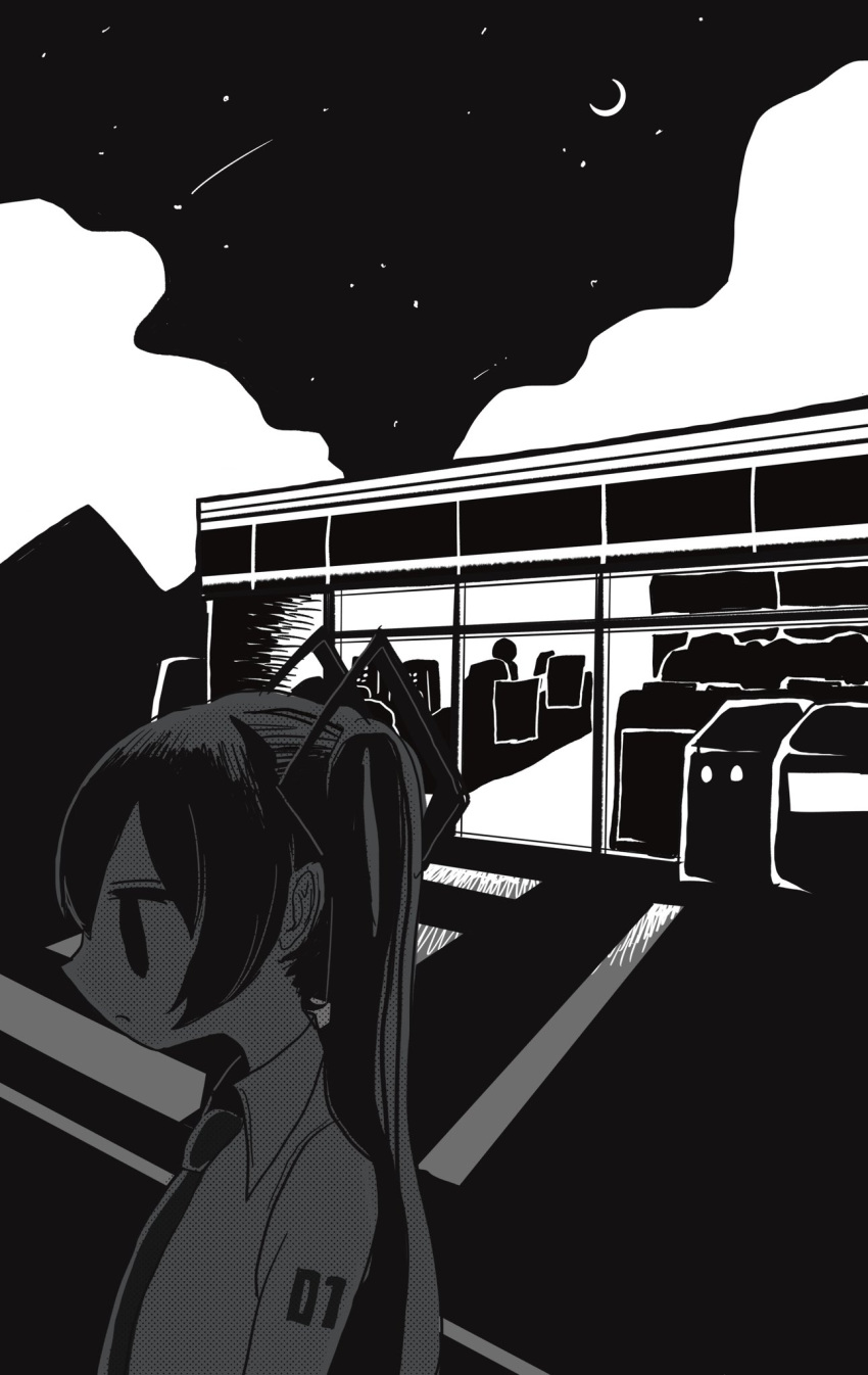 1girl clouds cloudy_sky collared_shirt commentary_request convenience_store crescent_moon crosswalk dokumitsu_akaringo expressionless from_side greyscale hair_ornament hatsune_miku highres monochrome moon necktie night number_tattoo outdoors parking_lot profile shirt shooting_star shop shoulder_tattoo silhouette sky sleeveless sleeveless_shirt solid_eyes solo star_(sky) starry_sky tattoo twintails upper_body vocaloid
