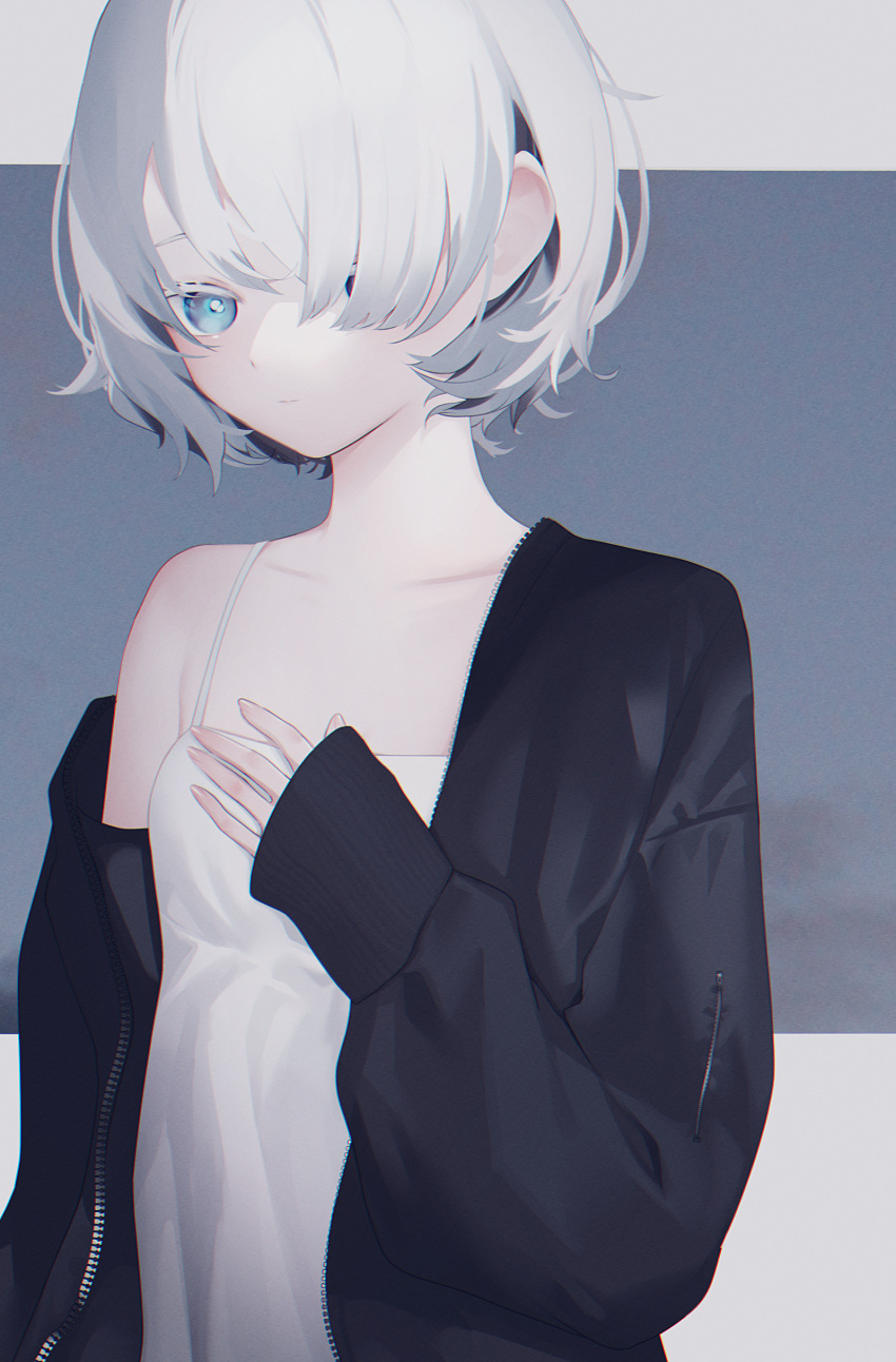 1girl absurdres bare_shoulders black_jacket blue_eyes breasts closed_mouth dress grey_hair hair_over_one_eye hand_on_own_chest highres jacket looking_at_viewer migihidari_(puwako) off_shoulder one_eye_covered open_clothes open_jacket original short_hair sleeveless sleeveless_dress small_breasts solo sundress upper_body
