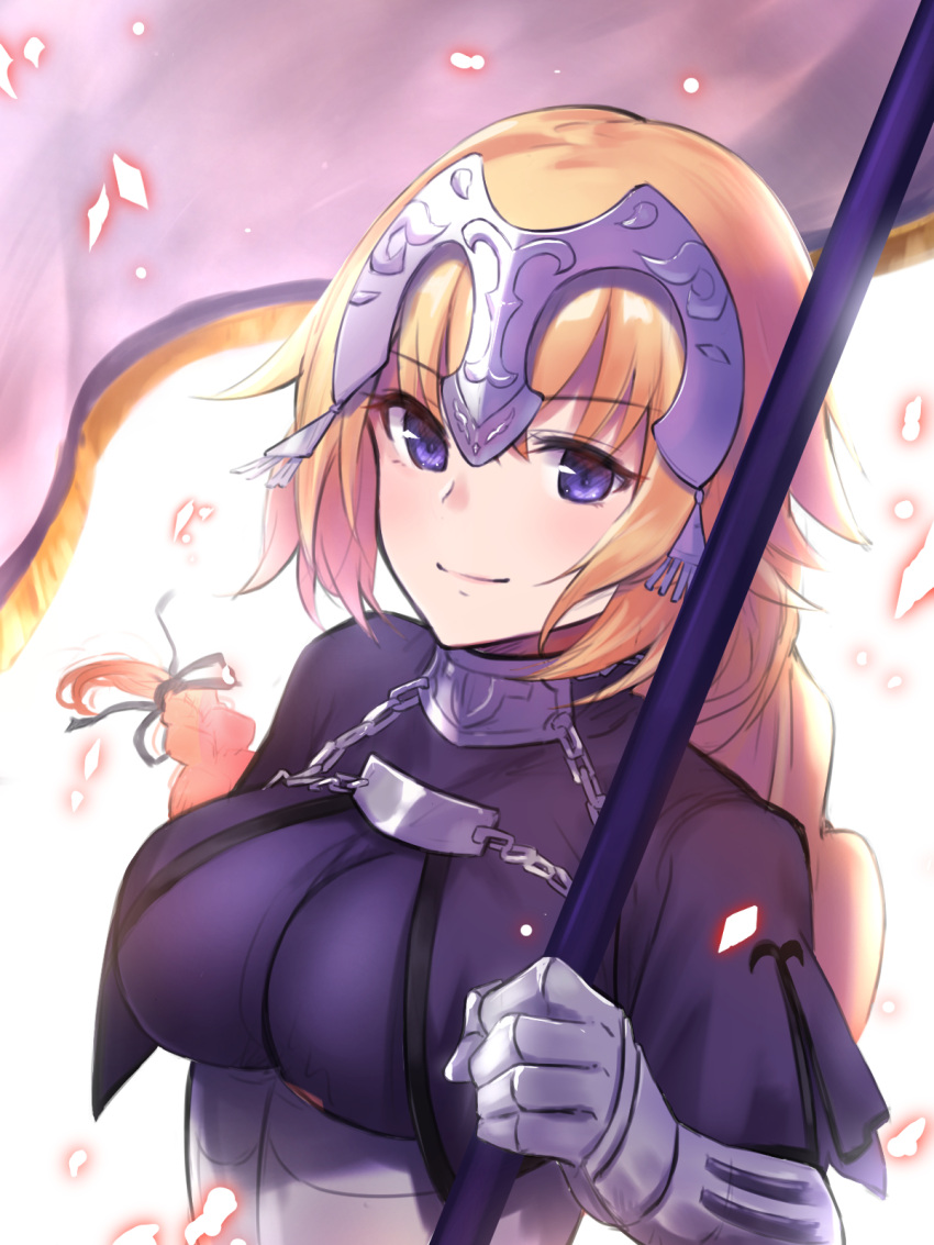 1girl armor armored_dress banner black_ribbon blonde_hair blue_eyes braid eyebrows_visible_through_hair fate/apocrypha fate/grand_order fate_(series) gauntlets highres jeanne_d'arc_(fate) jeanne_d'arc_(fate)_(all) lens_02 long_hair low-tied_long_hair ponytail purple_legwear ribbon ruler_(fate/apocrypha) sheath sheathed single_braid smile solo standing sword thigh-highs very_long_hair weapon