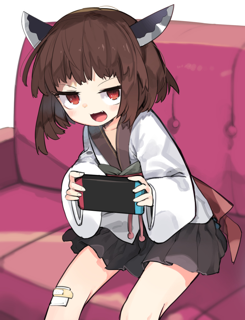 1girl :3 :d akimaki_yuu bandaid bangs black_skirt blush brown_hair character_request commentary_request copyright_request couch eyebrows_visible_through_hair highres holding japanese_clothes long_sleeves looking_at_viewer miniskirt nintendo_switch open_mouth pleated_skirt red_eyes sitting skirt smile solo white_background wide_sleeves
