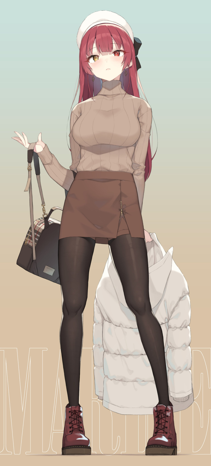1girl absurdres alternate_costume arms_behind_back bag beige_sweater beret black_legwear bow breasts brown_skirt cloba closed_mouth earrings full_body hand_up handbag hat hat_bow heterochromia highres holding holding_bag holding_clothes holding_jacket hololive houshou_marine jacket jacket_removed jewelry large_breasts long_hair long_sleeves pantyhose red_eyes redhead shoes skirt solo straight_hair sweater thigh-highs turtleneck turtleneck_sweater virtual_youtuber white_headwear white_jacket yellow_eyes