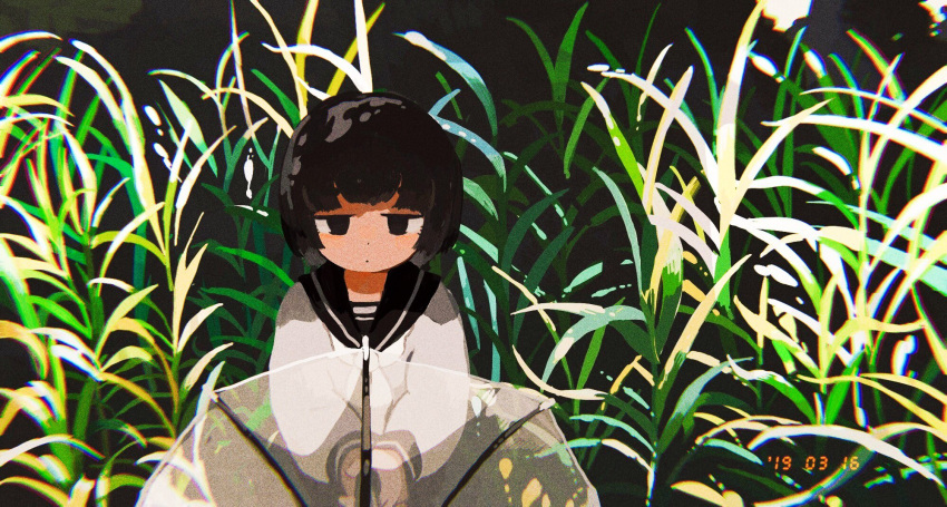 1girl bangs black_eyes black_hair black_sailor_collar bob_cut butudan_butugu chromatic_aberration dated day dot_mouth dot_nose film_grain grass highres holding holding_umbrella jitome long_sleeves looking_at_viewer neckerchief original outdoors own_hands_together plant sailor_collar segment_display shirt short_hair solo standing symbol-only_commentary timestamp transparent transparent_umbrella umbrella upper_body white_neckerchief white_shirt