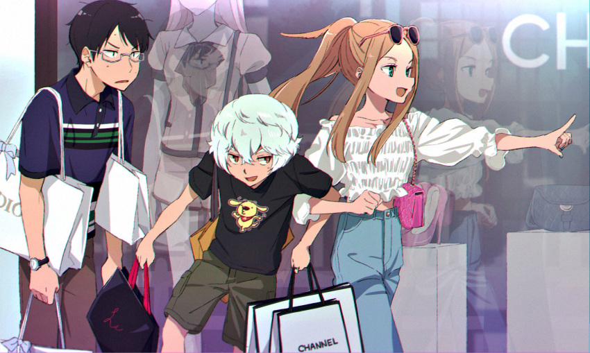 1girl 2boys anarchy_ptck bag bangs black_eyes black_hair black_shirt black_shorts blouse blue_eyes blue_pants blue_shirt brown_hair brown_pants collared_shirt cowboy_shot eyewear_on_head frown glasses hair_between_eyes handbag highres konami_kirie kuga_yuuma locked_arms long_hair long_sleeves looking_away mannequin mikumo_osamu multiple_boys open_mouth pants pointing ponytail red_eyes shirt shopping_bag short_hair short_sleeves shorts sidelocks smile standing sunglasses walking watch watch white_blouse white_hair world_trigger