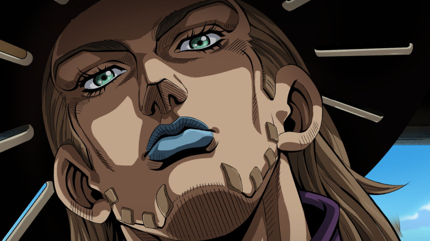 1boy blue_lips close-up closed_mouth fake_screenshot grandguerrilla green_eyes gyro_zeppeli hat highres jojo_no_kimyou_na_bouken lipstick looking_at_viewer makeup male_focus portrait redrawn solo steel_ball_run