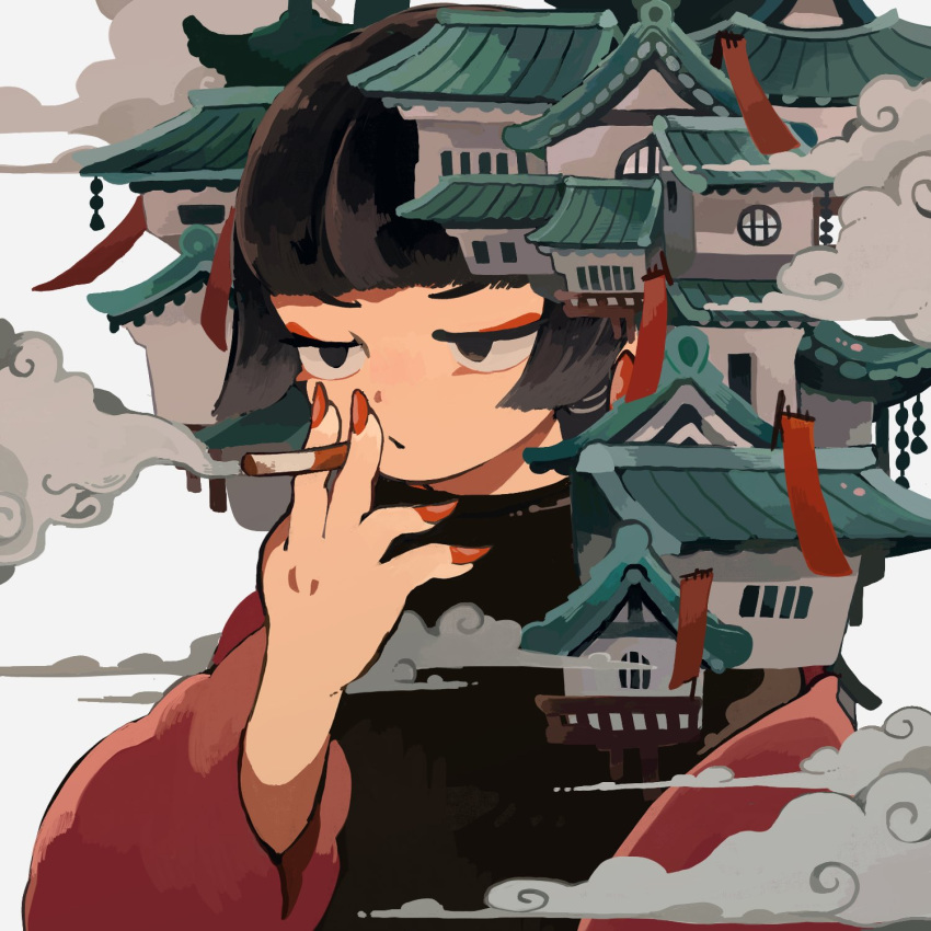 1girl architecture bangs banner black_eyes black_hair black_shirt blunt_bangs butudan_butugu cigarette clouds east_asian_architecture hand_up highres holding holding_cigarette house long_sleeves original red_eyeliner red_nails red_sleeves shirt short_hair smoke smoking solo surreal symbol-only_commentary upper_body white_background whorled_clouds
