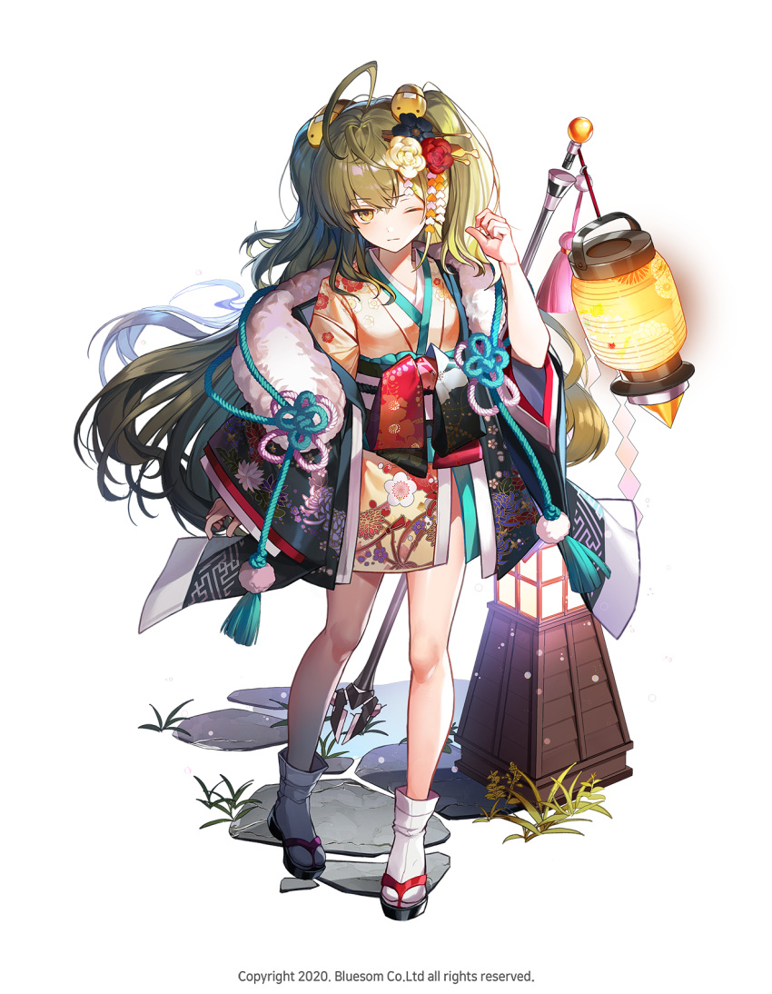 1girl 2020 ahoge arm_at_side bangs character_request closed_mouth company_name copyright full_body fur_trim hair_ornament hand_up highres japanese_clothes kimono lantern lentain light_brown_eyes light_brown_hair obi official_art one_eye_closed sash short_kimono simple_background socks solo standing standing_on_one_leg tabi white_background wild_girls zouri