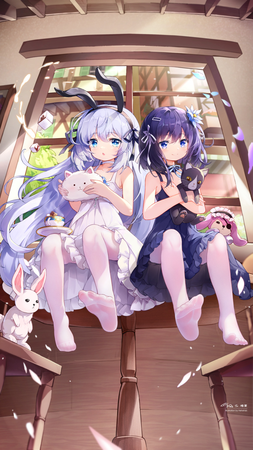 2girls absurdres animal animal_ears animal_hug bangs bare_arms black_cat black_hairband blue_eyes blue_flower cat choker closed_mouth commentary_request dress eyebrows_visible_through_hair fake_animal_ears feet flower flower_anklet foot_focus frilled_dress frills from_below fuiba_fuyu full_body gochuumon_wa_usagi_desu_ka? hair_flower hair_ornament hair_ribbon hairband hairclip hehehzb highres holding holding_animal holding_cat indoors kafuu_chino long_hair looking_at_viewer multiple_girls no_shoes pantyhose parted_lips purple_dress purple_hair purple_ribbon rabbit rabbit_ears revision ribbon short_hair signature silver_hair sitting sleeveless sleeveless_dress smile soles toes very_long_hair white_choker white_dress white_legwear window