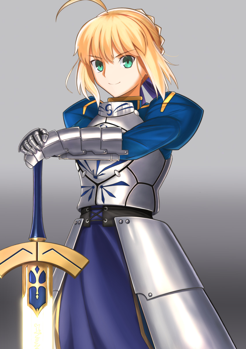 1girl ahoge armor armored_boots armored_dress artoria_pendragon_(all) bangs blonde_hair blue_dress blue_ribbon boots braid breastplate breasts closed_mouth commentary_request dress excalibur fate/stay_night fate_(series) full_body gauntlets green_eyes grey_footwear hair_ribbon highres hisato_nago holding holding_sword holding_weapon juliet_sleeves long_dress long_sleeves looking_at_viewer puffy_sleeves ribbon saber short_hair simple_background solo standing sword weapon