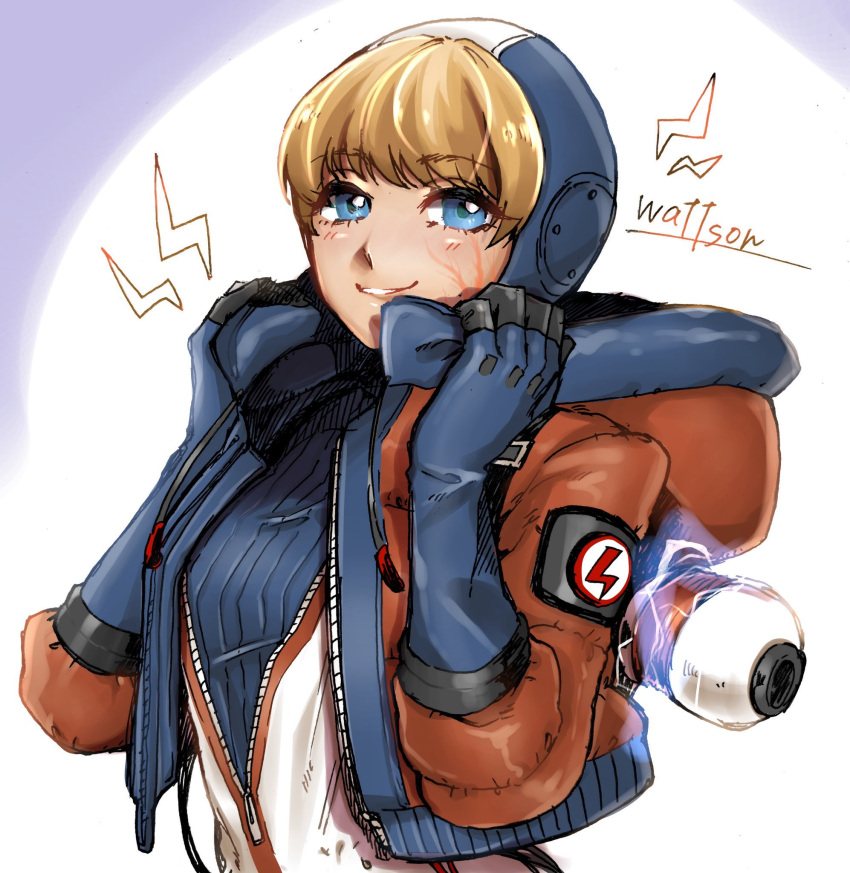 1girl akami_maguro apex_legends bangs blue_bodysuit blue_eyes blue_headwear bodysuit character_name electricity eyebrows_visible_through_hair highres hood hooded_jacket jacket leaning_back lightning_bolt_symbol orange_jacket parted_lips ribbed_bodysuit scar scar_on_cheek scar_on_face smile solo upper_body wattson_(apex_legends) white_background white_bodysuit