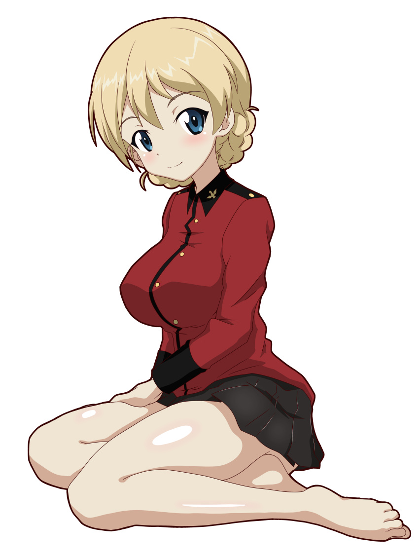 1girl absurdres bangs barefoot black_skirt blonde_hair blue_eyes braid closed_mouth commentary darjeeling_(girls_und_panzer) from_side girls_und_panzer gogopaint highres jacket long_sleeves looking_at_viewer military military_uniform miniskirt pantyhose pleated_skirt red_jacket short_hair simple_background sitting skirt smile solo st._gloriana's_military_uniform tied_hair twin_braids uniform white_background yokozuwari