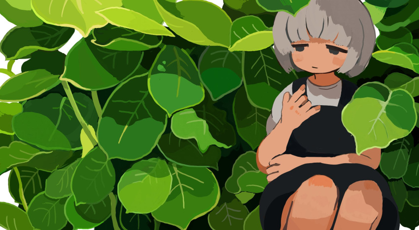 1girl bangs black_dress blunt_bangs bob_cut butudan_butugu closed_mouth dress expressionless feet_out_of_frame grey_eyes grey_hair hand_up highres leaf looking_at_viewer no_nose original pinafore_dress plant shirt short_hair short_sleeves sitting solo symbol-only_commentary white_shirt