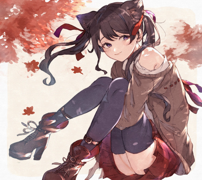 1girl animal_ear_fluff animal_ears autumn_leaves bangs black_hair boots brown_cardigan brown_footwear cardigan cat_ears commission floating_hair high_heel_boots high_heels highres indie_virtual_youtuber long_hair off_shoulder red_skirt shimotsuki_miri shirt sitting skeb_commission skirt smile tuki_zawa twintails virtual_youtuber white_shirt