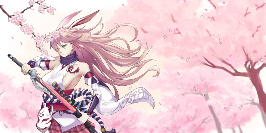 1girl absurdres animal_ears bangs bare_shoulders breasts cherry_blossoms closed_mouth eeo_(rhkddms7764) fox_ears fox_mask hair_over_one_eye highres holding holding_sword holding_weapon honkai_(series) honkai_impact_3rd japanese_clothes katana long_hair looking_at_viewer mask miko outdoors pink_hair pink_skirt sheath skirt solo sword tree unsheathing violet_eyes weapon white_sleeves yae_sakura yae_sakura_(gyakushinn_miko)