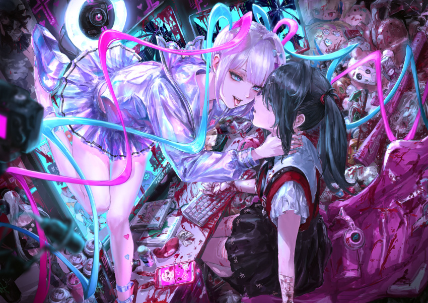 2girls ame-chan_(needy_girl_overdose) ankle_strap assault_rifle black_hair black_skirt bleeding blood blood_on_clothes blood_on_hands blue_eyes blue_hair bow camera can cat_ear_headphones cd_case cellphone chair computer condom_box cracked_screen crying crying_with_eyes_open cuts dual_persona energy_drink face-to-face figure gaming_chair gun hair_bow hair_ornament hairclip hands_on_another's_neck headphones highres injury keyboard_(computer) long_hair looking_at_another medicine_bottle medium_hair monitor multicolored_eyes multicolored_hair multicolored_nails multiple_girls multiple_hair_bows multiple_monitors nail_polish needy_girl_overdose omgkawaiiangel-chan open_mouth osakana_(denpa_yun'yun) parted_lips phone pien pill_bottle pill_on_tongue pink_hair pink_pupils platform_footwear pleated_skirt poster_(object) rifle sailor_collar saw school_uniform self_harm short_sleeves silver_hair sitting skirt slit_wrist smartphone smile stuffed_toy suspender_skirt suspenders tears tongue tongue_out trash_bag twintails very_long_hair weapon x_hair_ornament