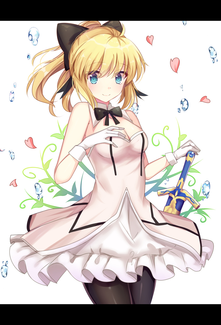 1girl artoria_pendragon_(all) black_bow blonde_hair boocandone bow breastplate caliburn dress eyebrows_visible_through_hair fate/grand_order fate/unlimited_codes fate_(series) faulds floating_hair gauntlets green_eyes hair_between_eyes hair_bow hands_on_hilt highres long_hair looking_at_viewer outdoors petals ponytail saber_lily signature sleeveless sleeveless_dress solo standing white_dress