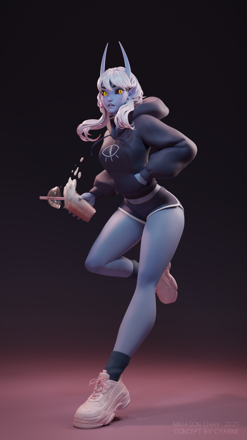 1girl 3d absurdres artist_name bare_legs black_background black_hoodie black_sclera black_shorts blender_(medium) blue_horns blue_skin colored_sclera colored_skin cup demon demon_gf_(cyarin) demon_girl drinking_straw eye_symbol foam full_body hand_in_pocket highres holding holding_cup hood hoodie horns looking_at_viewer ninjason_chan pointy_ears pose puffy_sleeves shoes shorts simple_background slit_pupils sneakers socks spilling standing standing_on_one_leg teeth white_footwear white_hair white_trim yellow_eyes