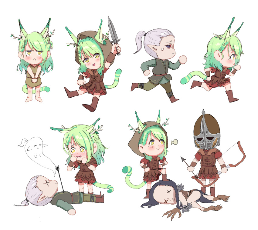 1boy 2girls absurdres animal_ears anre_(anrepoi) armor arrow_(projectile) arrow_in_body boots bow_(weapon) braid cat_ears cat_girl cat_tail ceres_fauna chibi corpse elf faendal_(skyrim) giving_up_the_ghost green_hair hagraven harpy highres hololive hololive_english khajiit long_hair monster_girl multiple_girls pointy_ears running smug sword tail the_elder_scrolls the_elder_scrolls_v:_skyrim virtual_youtuber weapon yellow_eyes