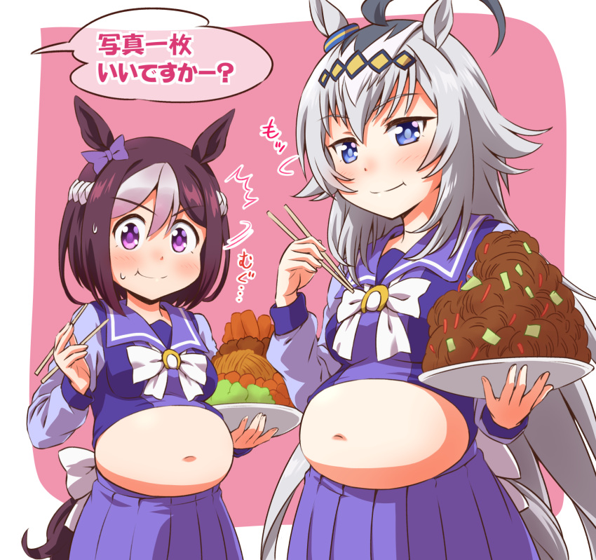 2girls :t ^^^ ahoge animal_ears back_bow bangs big_belly blue_eyes blush bow brown_hair carrot chopsticks closed_mouth commentary ear_bow eating eyebrows_visible_through_hair food grey_hair hachimaki headband highres holding holding_chopsticks holding_plate horse_ears horse_girl horse_tail inoue_kouji long_hair long_sleeves looking_at_viewer motion_lines multicolored_hair multiple_girls navel oguri_cap_(umamusume) outside_border pasta pink_background plate pleated_skirt purple_sailor_collar purple_shirt purple_skirt sailor_collar school_uniform shirt short_hair silver_hair skirt smile special_week_(umamusume) standing sweatdrop tail tracen_school_uniform translated two-tone_hair umamusume violet_eyes white_bow white_hair white_headband