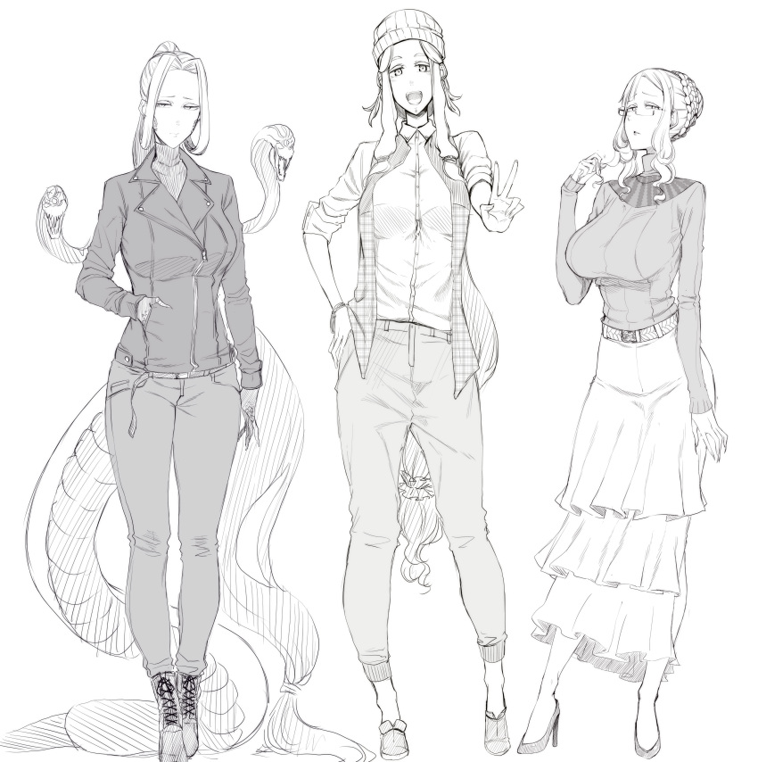 3girls :d absurdly_long_hair absurdres alternate_costume braid braided_bun breasts carmilla_(fate) casual closed_mouth fate/grand_order fate_(series) glasses gorgon_(fate) greyscale hand_in_pocket high_heels highres jacket large_breasts layered_skirt leather leather_jacket long_hair long_skirt long_sleeves looking_at_viewer medusa_(fate) monochrome multiple_girls nakamura_regura pants parted_lips quetzalcoatl_(fate) shirt shoes simple_background skirt smile snake snake_hair tail v very_long_hair vest white_background