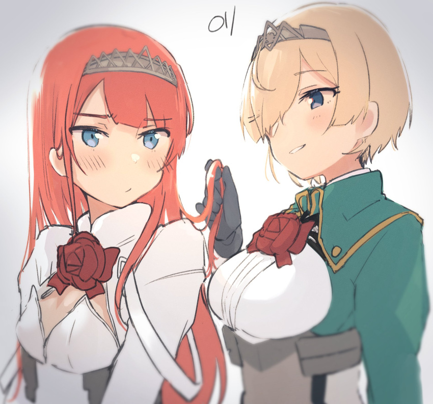 2girls alternate_hair_length alternate_hairstyle ark_royal_(kancolle) black_gloves blonde_hair blue_eyes blush closed_mouth flower gloves hairband hairstyle_switch highres jacket kantai_collection long_hair long_sleeves ma_rukan military military_uniform multiple_girls open_mouth red_flower red_ribbon red_rose redhead ribbon rose short_hair signature smile tiara uniform upper_body victorious_(kancolle) white_jacket