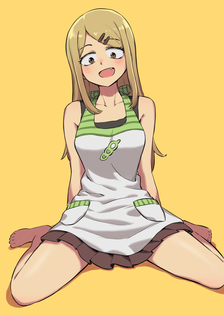 1girl :d absurdres apron bare_arms bare_legs bare_shoulders barefoot blonde_hair brown_eyes collarbone commentary dagashi_kashi endou_saya eyebrows_visible_through_hair fang hair_ornament hairclip highres long_hair looking_at_viewer oogushi_aritomo open_mouth sanpaku simple_background sitting smile solo wariza yellow_background