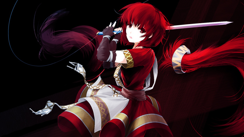 1girl arcturus bangs brown_gloves brown_sash closed_mouth commentary cowboy_shot dress elbow_gloves expressionless fingerless_gloves gloves highres holding holding_sword holding_weapon kyeotvee looking_at_viewer maria_kates red_dress red_eyes redhead severed_hair short_hair short_sleeves solo sword weapon