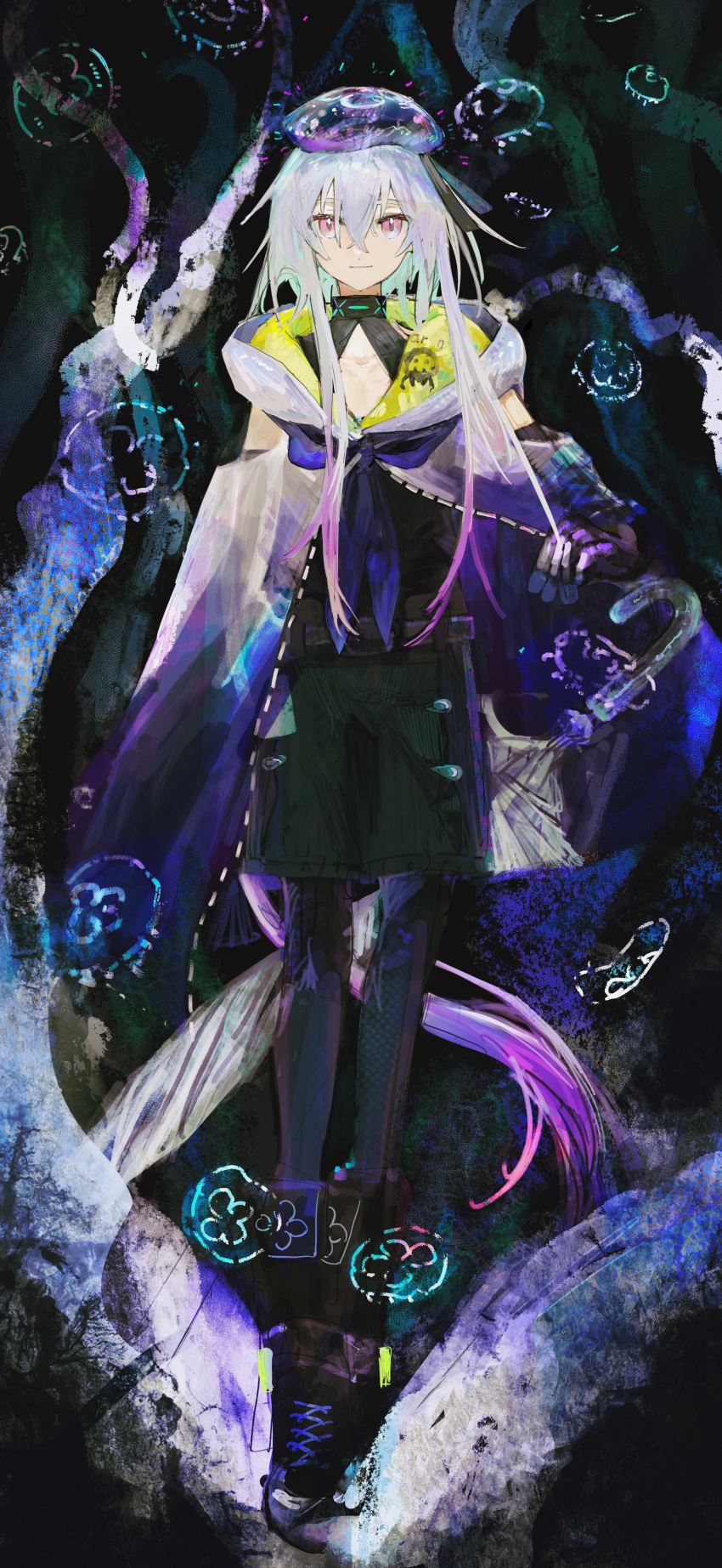 1boy absurdres arknights black_gloves black_legwear black_shirt black_shorts blue_hair cloak closed_mouth closed_umbrella collarbone commentary full_body gloves highres infection_monitor_(arknights) legwear_under_shorts long_hair looking_at_viewer male_focus mizuki_(arknights) multicolored_hair otoko_no_ko pantyhose pink_eyes purple_cloak purple_hair purple_headwear shirt shorts two-tone_hair umbrella very_long_hair white_umbrella yomotsu00