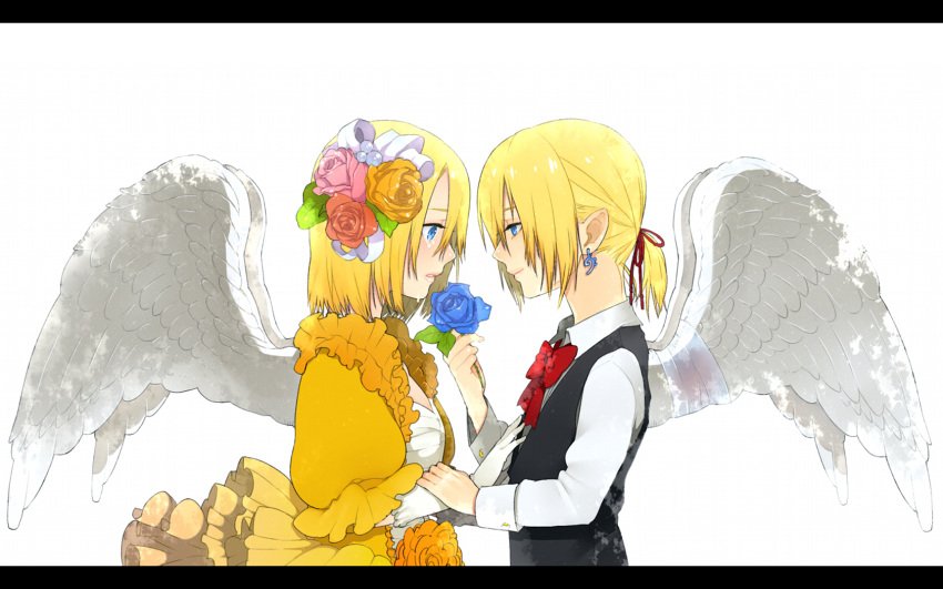 angel blonde_hair blue_eyes crying flower gloves kagamine_len kagamine_rin ponytail short_hair vocaloid wings