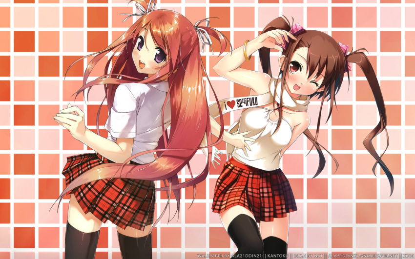 blush brown_hair kantoku orange_hair red_eyes ribbons scarf seifuku thigh-highs twintails violet_eyes