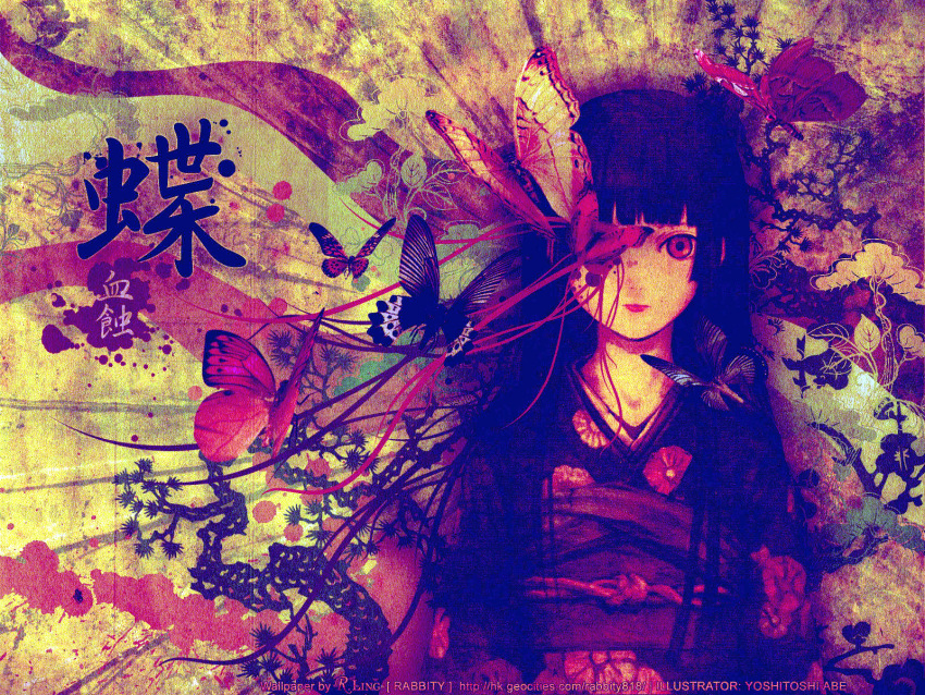 black_hair blood butterfly enma_ai flower japanese_clothes jigoku_shoujo jpeg_artifacts kimono leaves long_hair red_eyes watermark yoshitoshi_abe