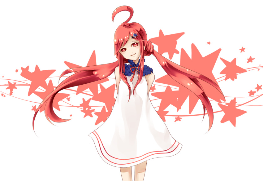 ahoge alternate_hairstyle arms_behind_back hairclip miki_(vocaloid) red_eyes redhead smile star transparent very_long_hair vocaloid white_dress