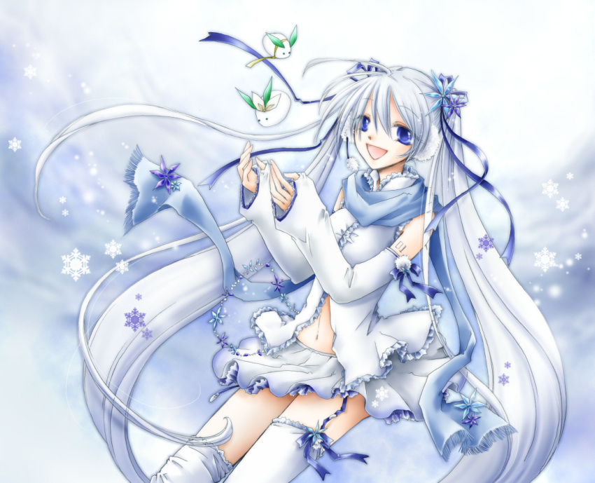 blue_eyes earmuffs hatsune_miku snow stockings vocaloid white white_hair