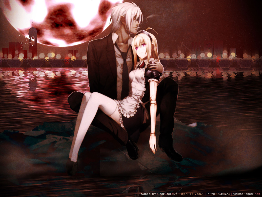 anna blonde_hair carnevale_della_luce_della_luna cigarette long_hair maid moon red_eyes short_hair signed character_request necktie water white_hair