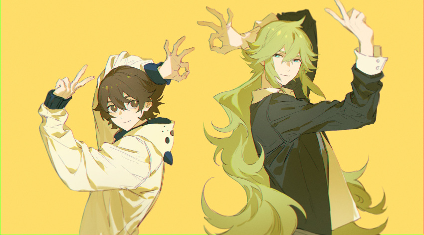 2boys absurdres alannoran alternate_costume bangs black_jacket brown_eyes brown_hair closed_mouth from_side green_eyes green_hair hair_between_eyes highres hilbert_(pokemon) hood hood_down jacket long_hair long_sleeves looking_at_viewer looking_to_the_side male_focus multiple_boys n_(pokemon) ok_sign pokemon pokemon_(game) pokemon_bw shirt short_hair simple_background smile symbol-only_commentary upper_body v white_shirt yellow_background