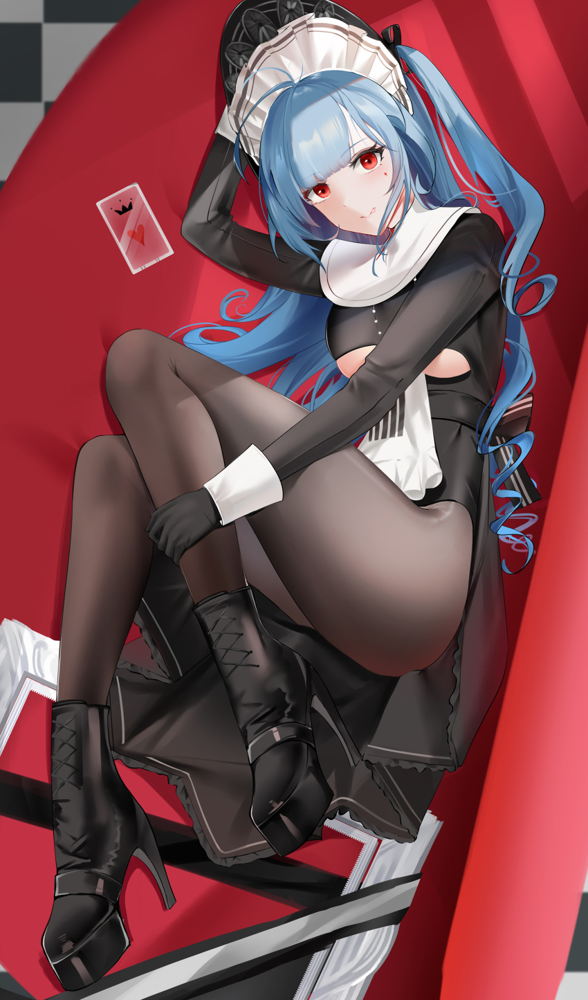 1girl :q absurdres azur_lane black_dress black_footwear black_gloves blue_hair boots breasts brown_legwear card checkered_floor clothing_cutout cross-laced_footwear dress full_body gloves high_heel_boots high_heels highres large_breasts long_hair looking_at_viewer maid_headdress marco_polo_(azur_lane) marco_polo_(the_queen_of_hearts)_(azur_lane) official_alternate_costume pantyhose picture_(object) platform_boots playing_card qing_wu red_eyes solo tongue tongue_out under_boob underboob_cutout
