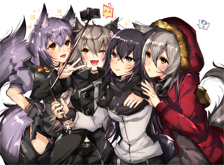 4girls animal_ear_fluff animal_ears arknights black_coat black_gloves black_hair closed_mouth coat eyebrows_visible_through_hair fur-trimmed_hood fur_trim gloves grey_hair hood hooded_jacket jacket lappland_(arknights) long_hair mirui multiple_girls one_eye_closed open_mouth projekt_red_(arknights) provence_(arknights) purple_hair red_jacket scar scar_across_eye selfie_stick silver_hair tail texas_(arknights) v white_jacket wolf_ears wolf_girl wolf_tail yellow_eyes