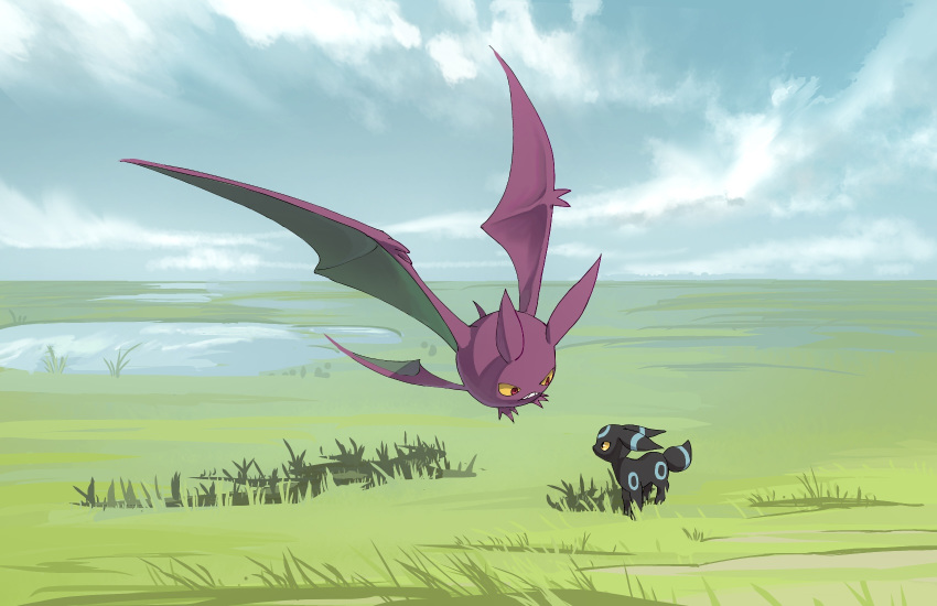 alternate_color animal_focus clouds crobat day eye_contact flying grass highres looking_at_another no_humans outdoors pokemon pokemon_(creature) shiny_pokemon sky two_pokemon umbreon