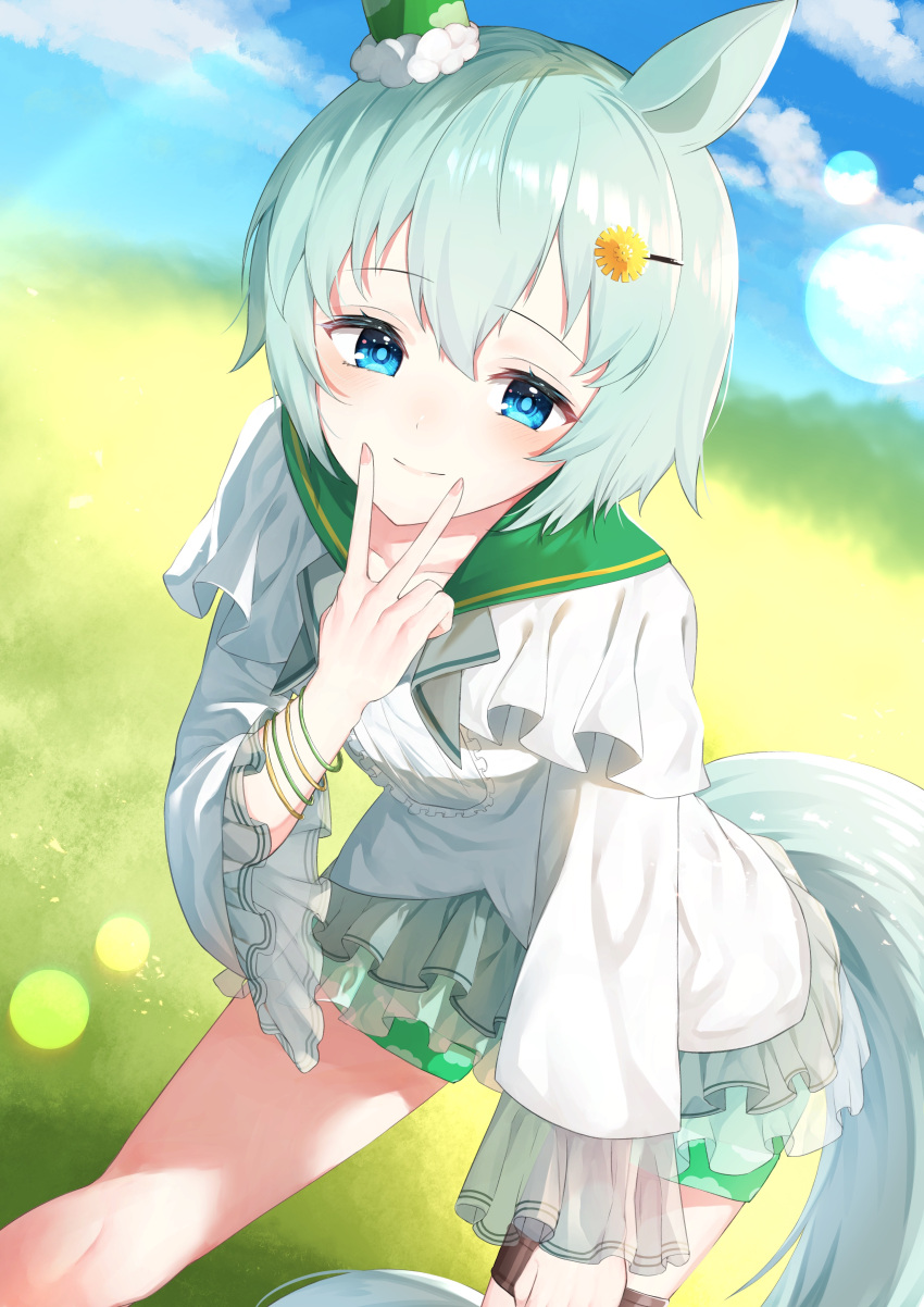 1girl absurdres animal_ears bangs blue_eyes blue_sky closed_mouth clouds cloudy_sky dress grass green_hair hair_ornament hairpin highres horse_ears horse_girl horse_tail leaning_forward long_sleeves looking_at_viewer outdoors pearlscale0818 seiun_sky_(umamusume) short_hair sky smile solo tail umamusume v white_dress
