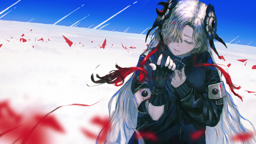 1girl absurdres asymmetrical_sleeves black_coat blue_sky closed_eyes clouds coat eyelashes fingerless_gloves gloves hair_ornament hair_over_one_eye hand_on_own_chest highres isekai_joucho kamitsubaki_studio long_hair multicolored_hair open_mouth redhead silver_hair single_glove sky sleeves_past_wrists solo tokiki_(tomok1) two-tone_hair uneven_sleeves upper_body very_long_hair virtual_youtuber