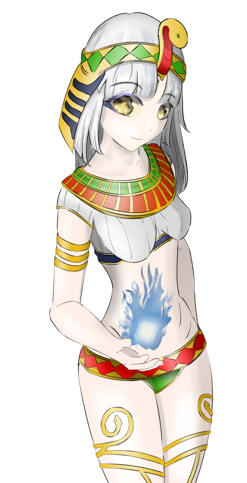 1girl bangs blue_fire cleopatra_(smtv) egyptian egyptian_clothes fire highres looking_at_viewer self_upload shin_megami_tensei shin_megami_tensei_v smile solo takumi_rinn