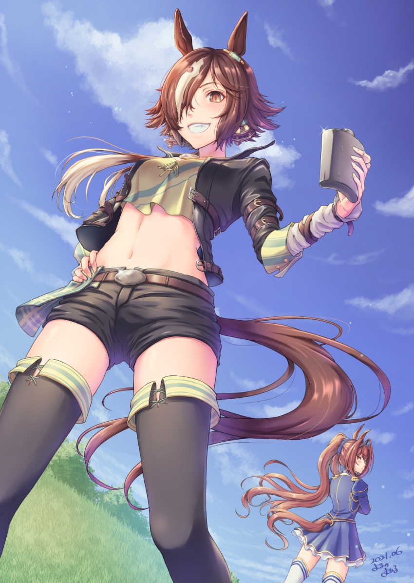 2girls animal_ears arm_belt bangs belt black_jacket black_legwear black_shorts blue_jacket blue_shirt blue_skirt blue_sky blush bottle breasts brown_belt brown_eyes brown_hair canteen closed_mouth clouds commentary_request crop_top cropped_shirt crossed_arms daiwa_scarlet_(umamusume) dated day ear_ornament floating_hair grass grin groin hair_between_eyes hair_intakes hair_over_one_eye hand_on_hip hand_up highres holding holding_bottle horse_ears horse_girl horse_tail jacket long_bangs long_hair long_sleeves looking_at_viewer low_ponytail midriff multicolored_hair multiple_girls navel open_clothes open_jacket outdoors pleated_skirt red_eyes shirt short_shorts shorts sidelocks signature skirt skirt_set sky sleeve_cuffs small_breasts smile standing tail teeth thigh-highs tiara twintails two-tone_hair two-tone_shirt umamusume very_long_hair vodka_(umamusume) white_hair white_legwear yellow_shirt yoruno_mahiru